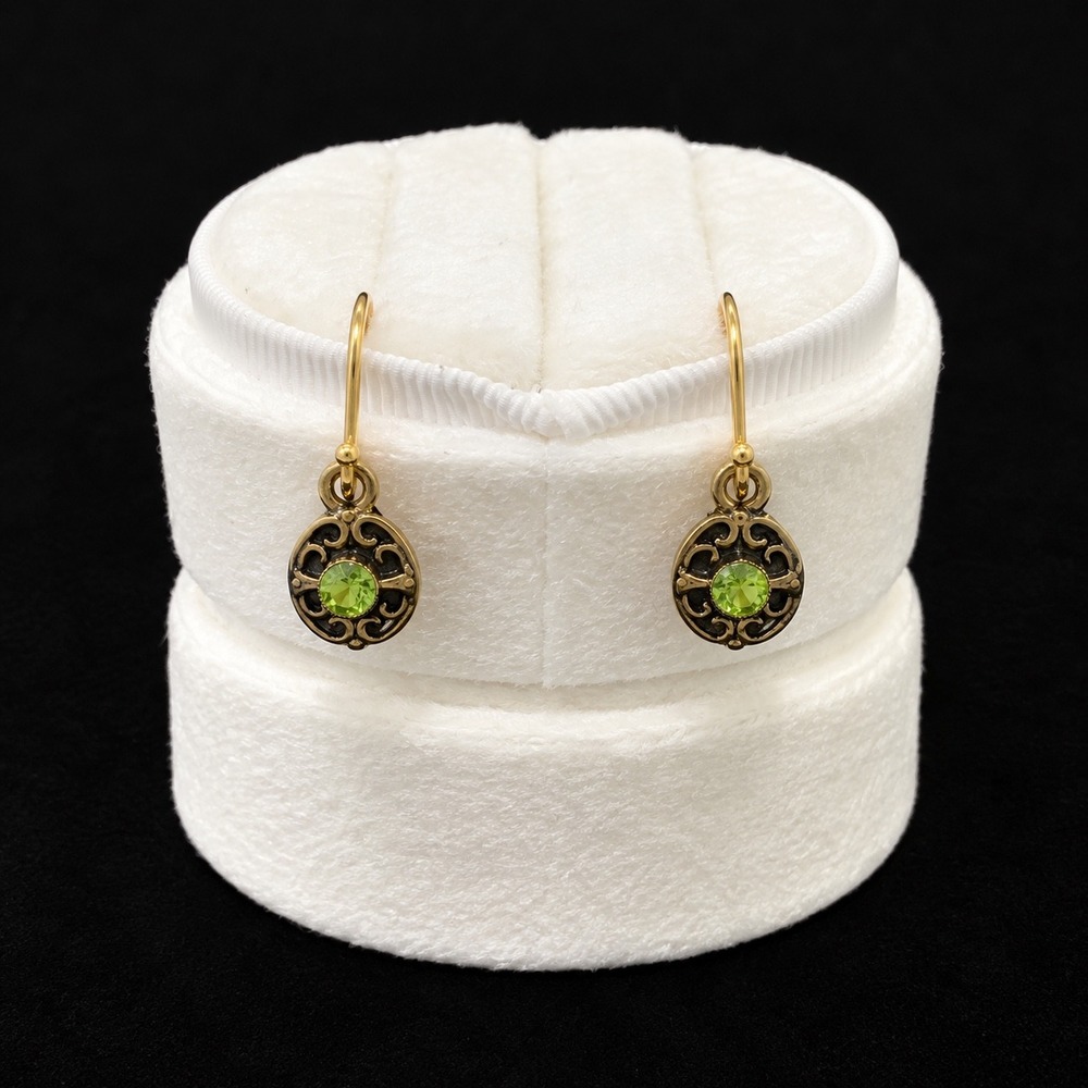 Vtg Gold Tone Filigree Lever Back Earrings Green Crystal Round Drop Dangle